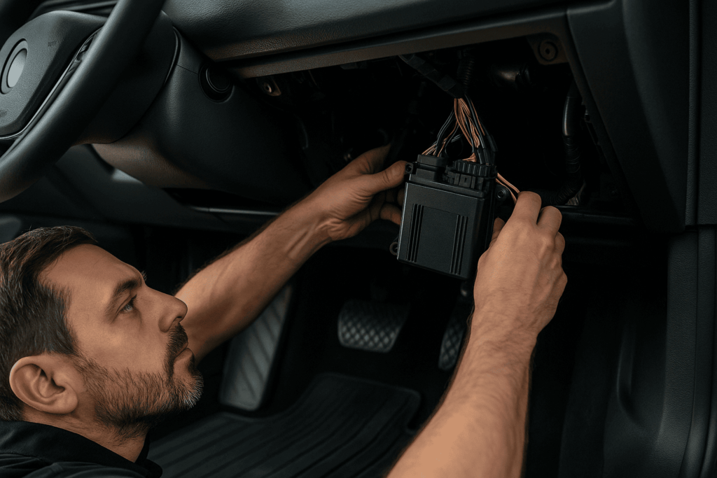 sécurité véhicule : Homme travaillant l'électronique dans une voiture